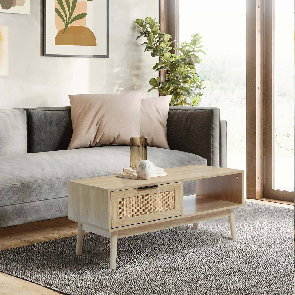 White Oak Finish Rectangular Wood Coffee Table with Storage