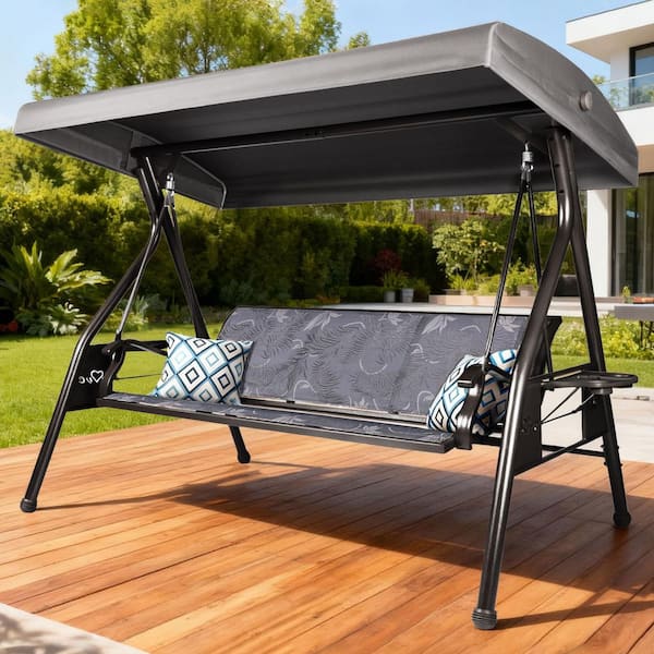 3 Person Brown Metal Porch Swing with Free Standing Gray Cushion Adjustable Canopy