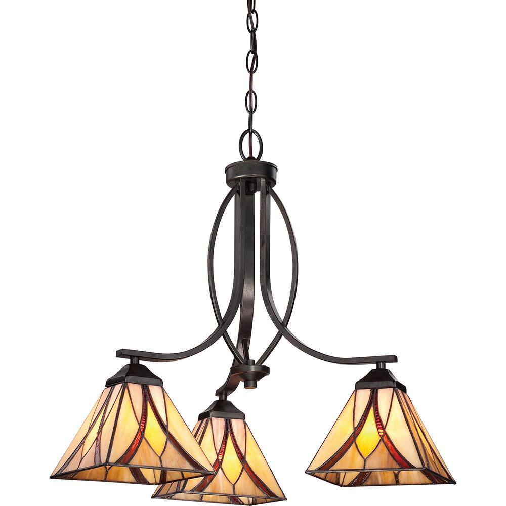 Asheville Valiant Bronze 3-Light Tiffany Glass Chandelier