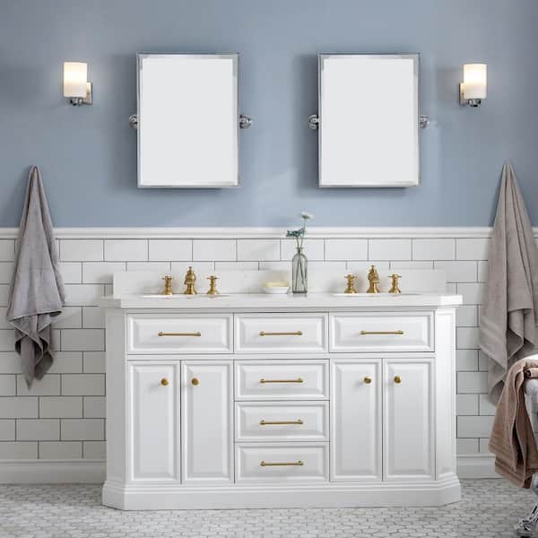 Palace 60 in. W x 22 in. D x 34 in. H Double Sink Bath Vanity in Pure White with Carrara White Quartz Top