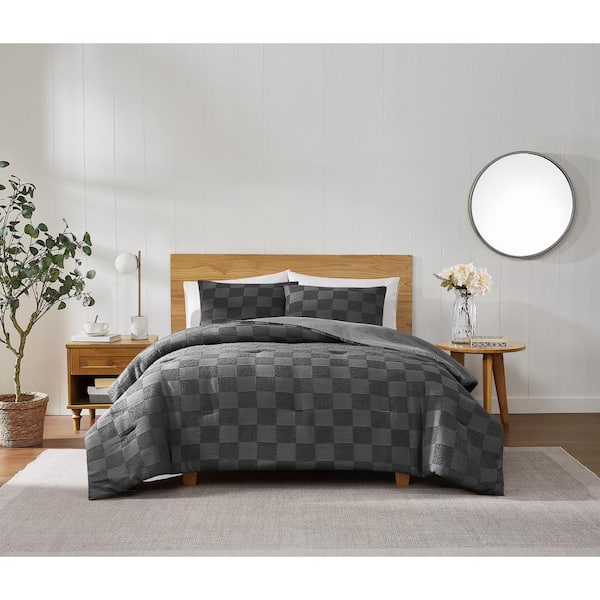 Truly Soft Textured Check Polyester Grey King 3 Piece Comforter Set