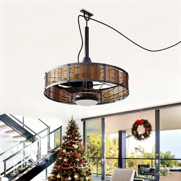 20 in. Boho Rattan Black Plug-In Outdoor Ceiling Fan with Light Dimmable Farmhouse Ceiling Fan with Remote for Patio