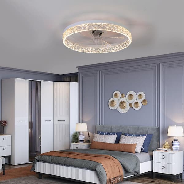20 in. White Modern Dimmable Flush Mount Ceiling Fan with Integrated LED Light and Remote Low Profile Ceiling Light