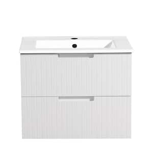 24 in. W Single Sink Floating Bath Vanity in White with White Ceramic Top and 2 Drawers