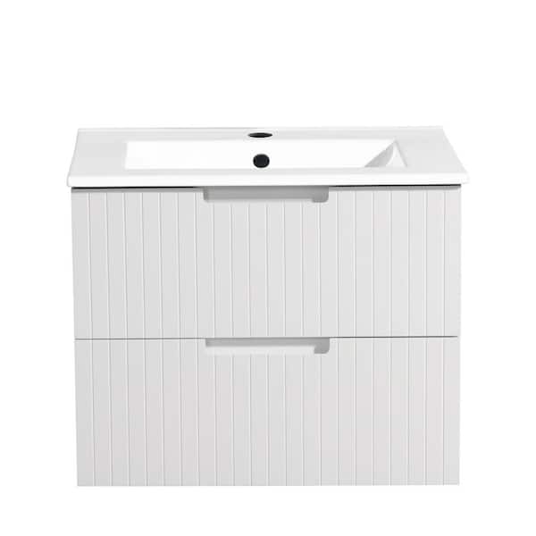 Tenleaf 24 in. W Single Sink Floating Bath Vanity in White with White Ceramic Top and 2 Drawers
