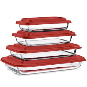 4-Piece Deep Glass Baking Dish Set with Lids-Oven-Safe, and Dishwasher-Safe for Easy Baking, Storing, and Serving - Red