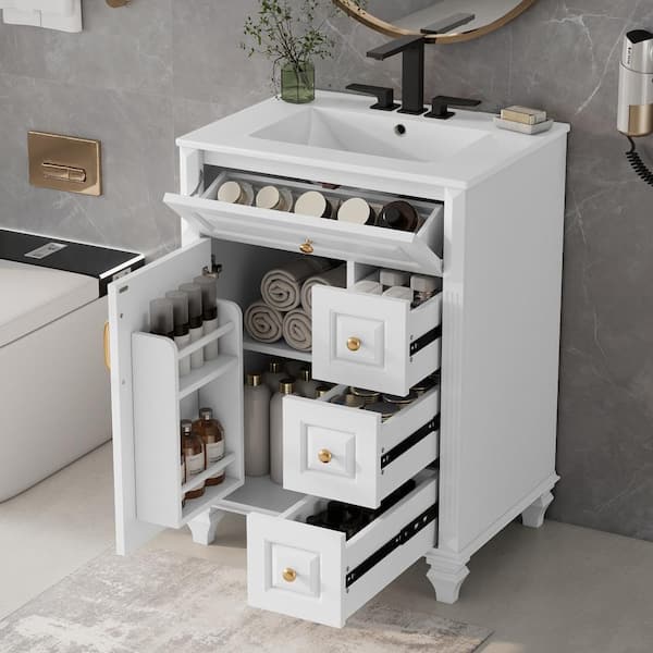 White 24 Inch Bathroom Vanity with Sink Flip-Out Drawer 3 Drawers and Storage Cabinet,