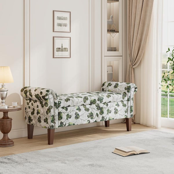 Handy Living Wallen Green Floral Bonsai Fabric Traditional Rolled Arm  Rectangular Storage Bench 56.5 in. Ottoman with Nailheads OTT747-BON27 -  The Home Depot
