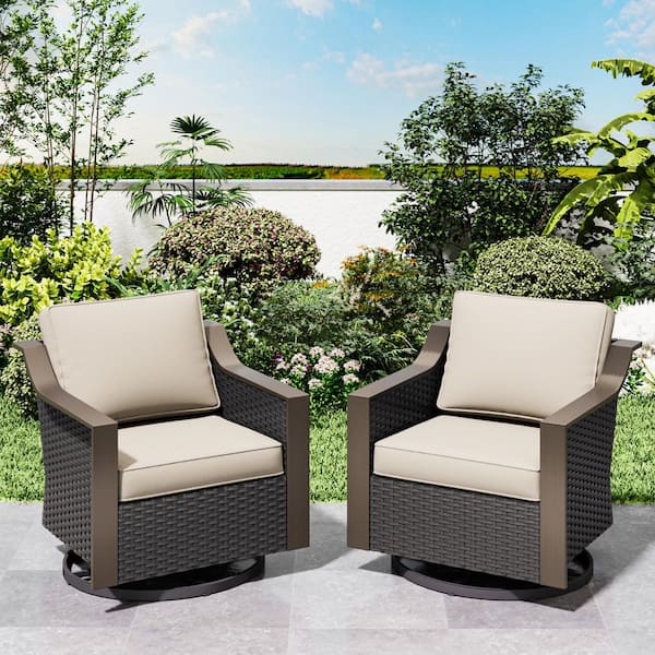 2-Piece Wicker Outdoor Rocking Chair Patio Swivel Chair Set with Gracefully Sloped Armrest and Beige Cushions