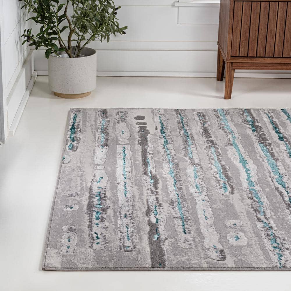 Gray and Turquoise 8' x 10' Synthetic Stripe Area Rug