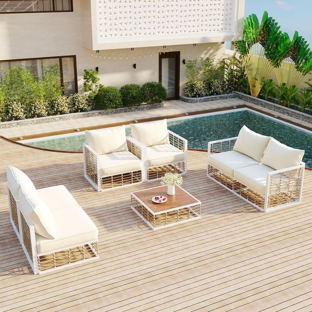 7-Pieces Metal Wicker Outdoor Patio Sectional Furniture Set with White Cushions and Coffee Table for Indoor Outdoor