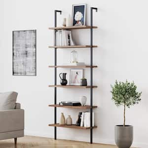 Theo 85 in. Matte Black Reclaimed Oak Wood 6-Shelf Wall Mount Ladder Bookcase with Matte Black Metal Frame
