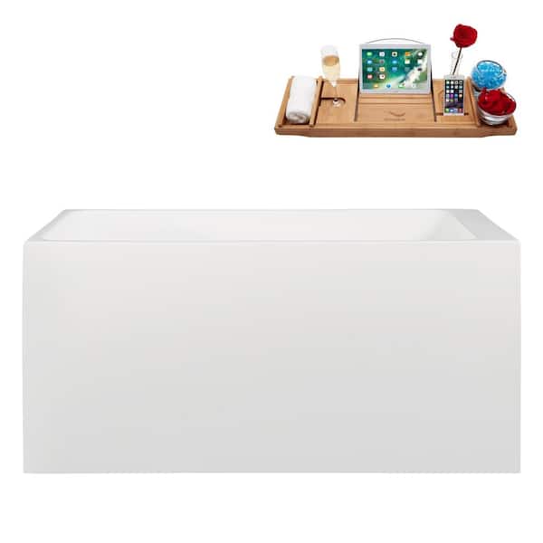 51 in. x 28 in. Acrylic Freestanding Soaking Bathtub in Glossy White with Matte Black Drain, Bamboo Tray