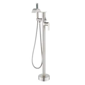 Single-Handle Freestanding Tub Faucet with Hand Shower Brass Floor Mount Waterfall Bath Tub Filler in Brushed Nickel