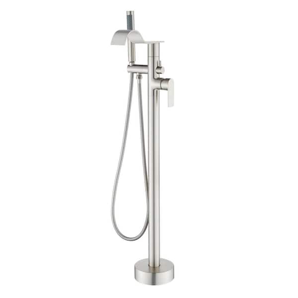 FLG Single-Handle Freestanding Tub Faucet with Hand Shower Brass Floor Mount Waterfall Bath Tub Filler in Brushed Nickel