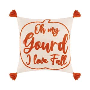 Mills Waffle Orange Gourd Embroidered with Corner Tassels 18 in. x 18 in. Throw Pillow
