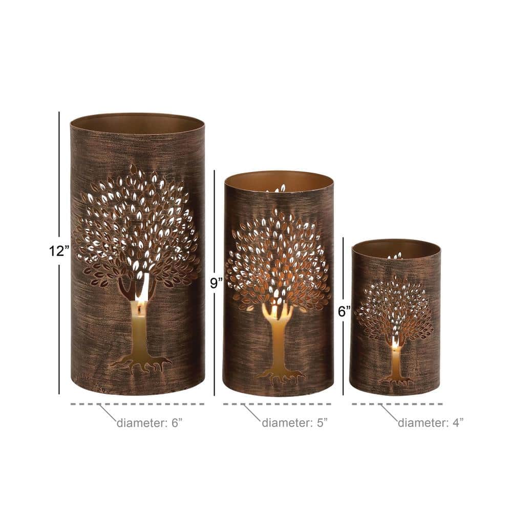 Copper Tree Decorative Leaves Cylinder Lantern Set of 3
