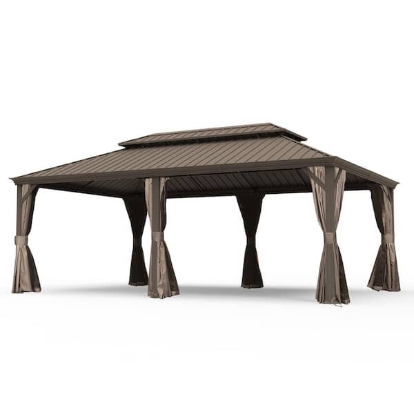 14 ft. x 24 ft. Galvanized Steel Hardtop Gazebo with Gutters and Mosquito Netting Brown