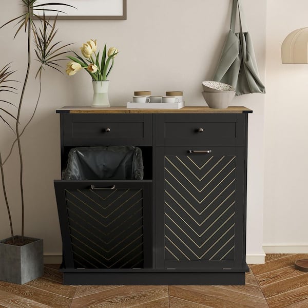 39.4 in. W x 13.5 in. D x 36 in. H in Black MDF Assemble Pull Out Kitchen Cabinet with Drawer Recycling Trash Cabinet