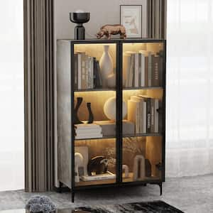 46.1 in. Tall Grey Wood 3-Shelf Accent Bookcase Stone Style Bookshelf With Glass Doors, Pop-Up Design, LED Lights