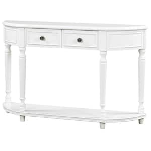 Retro 52 in. White Rectangle Wood Console Table with Open Style Shelf Solid Wooden Frame and Legs 2 Top Drawers