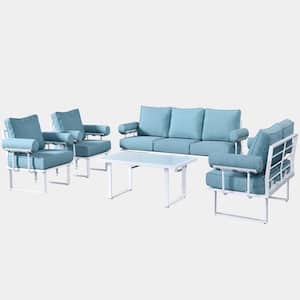 Teton Grand White 5-Piece Aluminum Outdoor Patio Conversation Set with Lake Blue Cushions