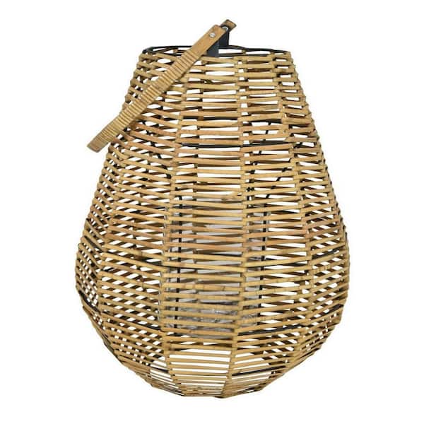 Benjara Brown Natural Woven Fiber Body Candle Holder Lantern with Handle