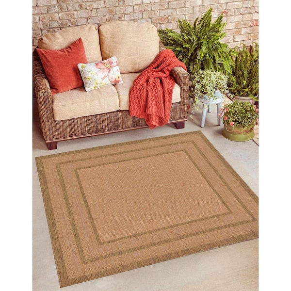 Outdoor Multi Border Light Brown 6' 0 x 6' 0 Square Rug