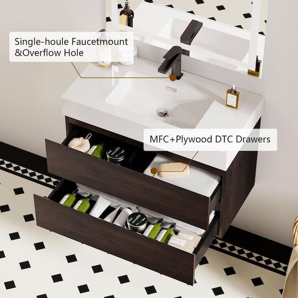 NOBLE 30 in. W x 18 in. D x 25 in. H Single Sink Floating Bath Vanity in Wood with White Solid Surface Integral Top