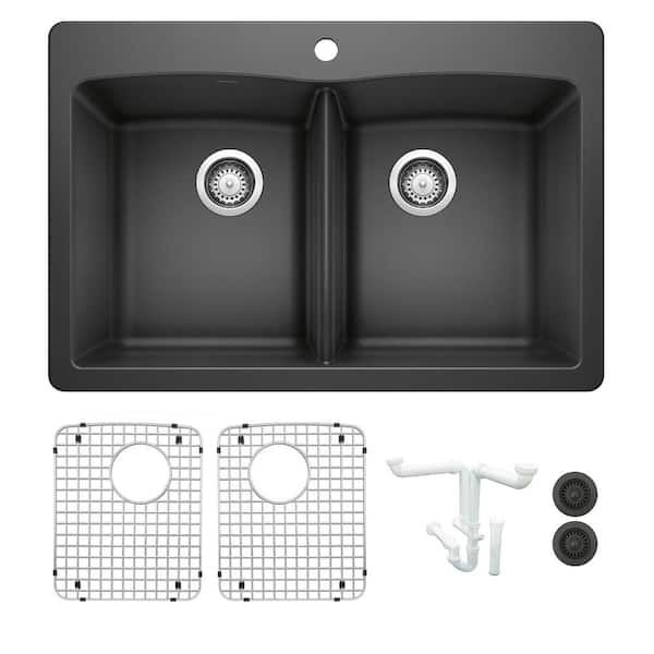 Blanco Diamond 33 in. Drop-in/Undermount Double Bowl Anthracite Granite Composite Kitchen Sink Kit with Accessories