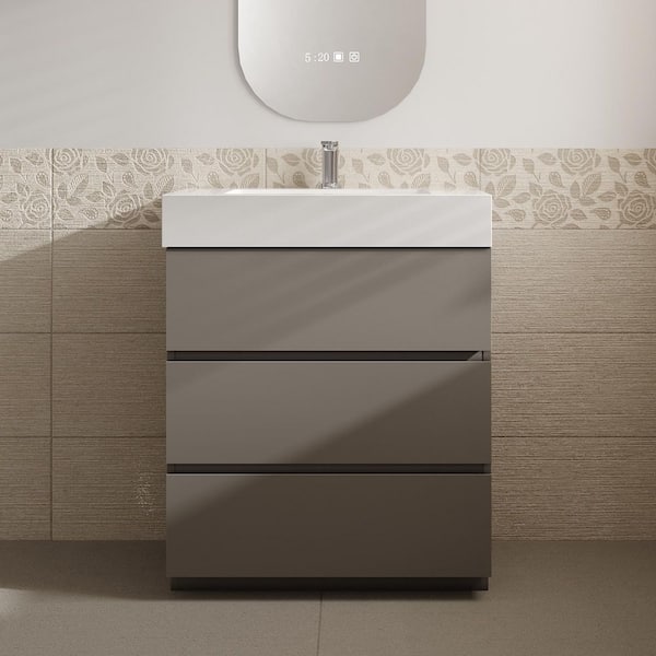 Aaby 30 in. W x 18 in. D x 37 in. H Bath Vanity Cabinet in Gray with White Stone Resin Top and Sink