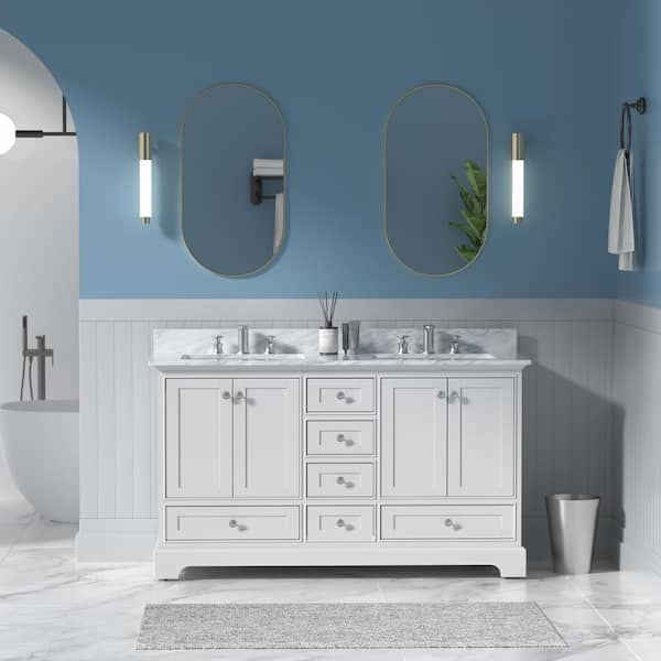 SJ STAR&JANE Kiele 60 in. W x 22 in. D x 34 in. H Bath Vanity in White with Venato Carrara Top with Basins