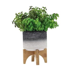 5 in. Gray Ceramic Planter Pot on Wooden Stand