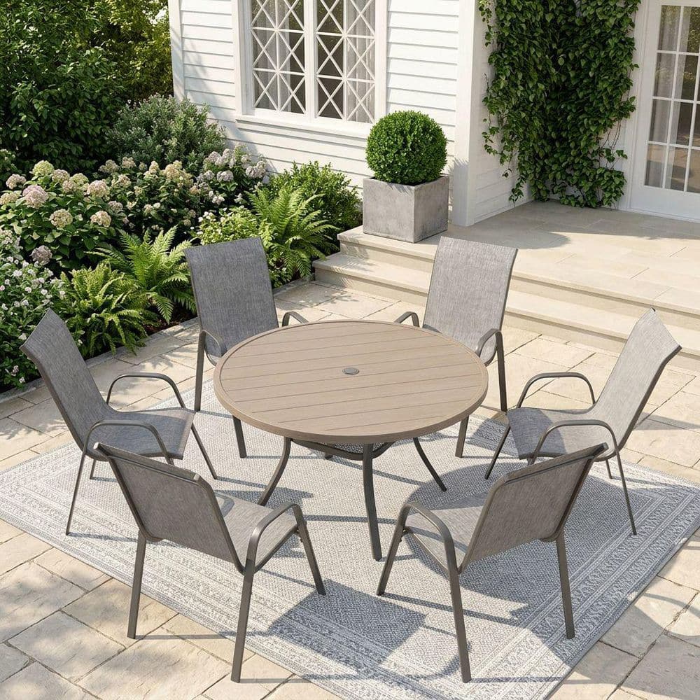 7-Piece Metal Outdoor Dining Set with 47.2 in. Gray Wood-Like Round Patio Table and 6-Gray Stackable Textilene Chairs price history on PriceWatchPro