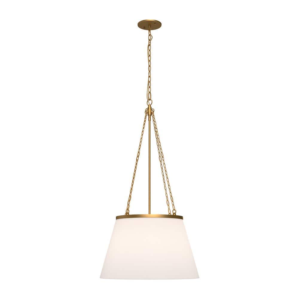Aged Gold and White Linen Drum Pendant Light