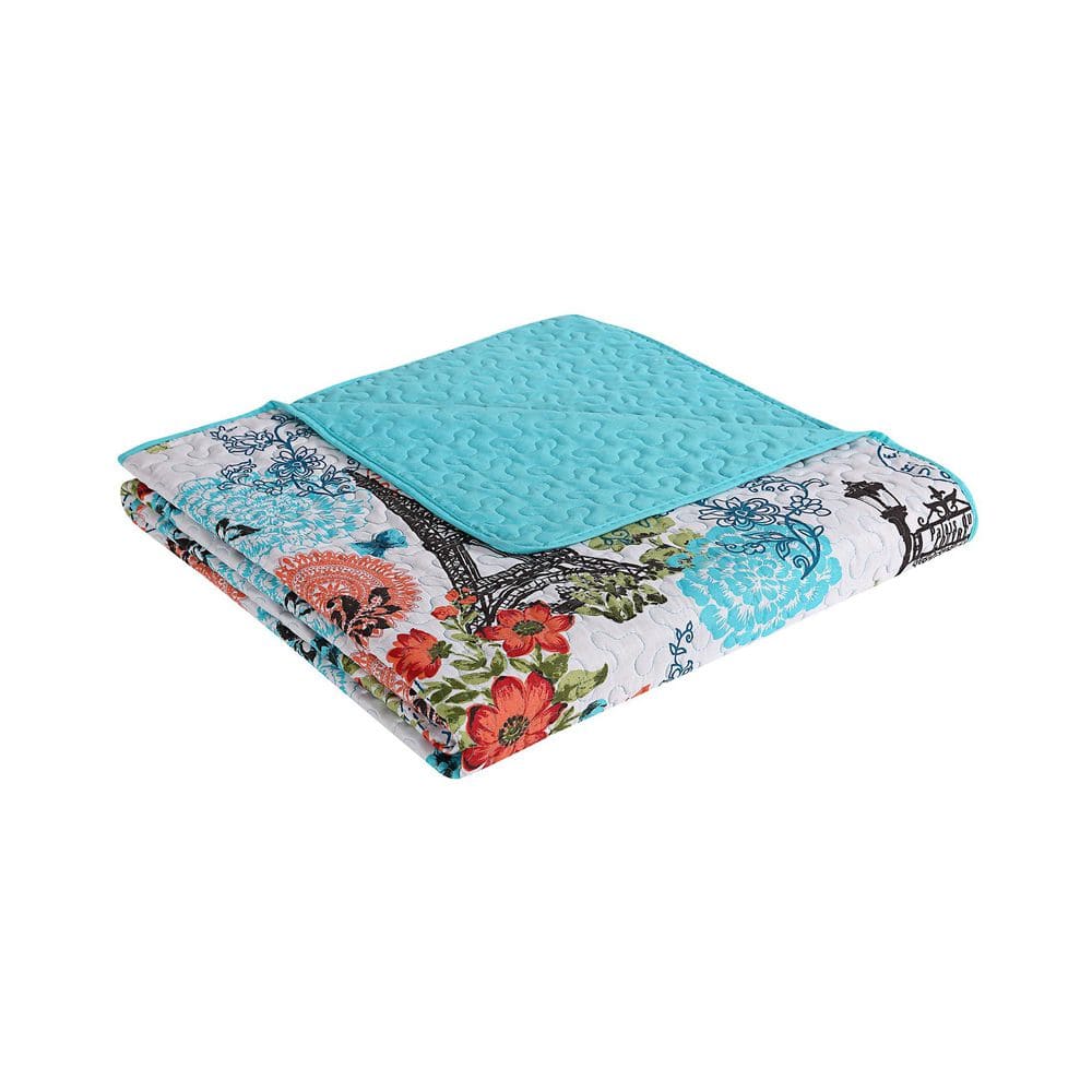 Eiffel Blue Reversible Microfiber King Quilt Set
