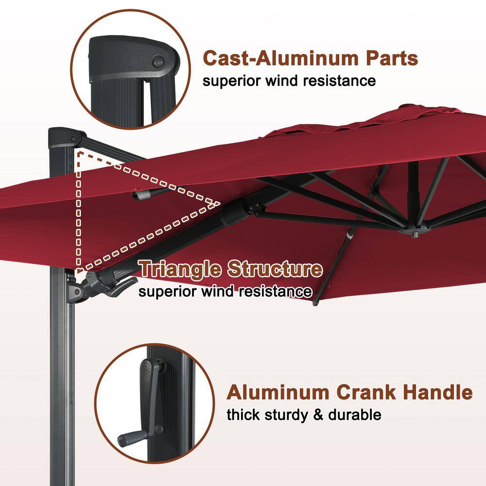 10 ft Red Square Aluminum Cantilever Patio Umbrella with Bluetooth LED Light