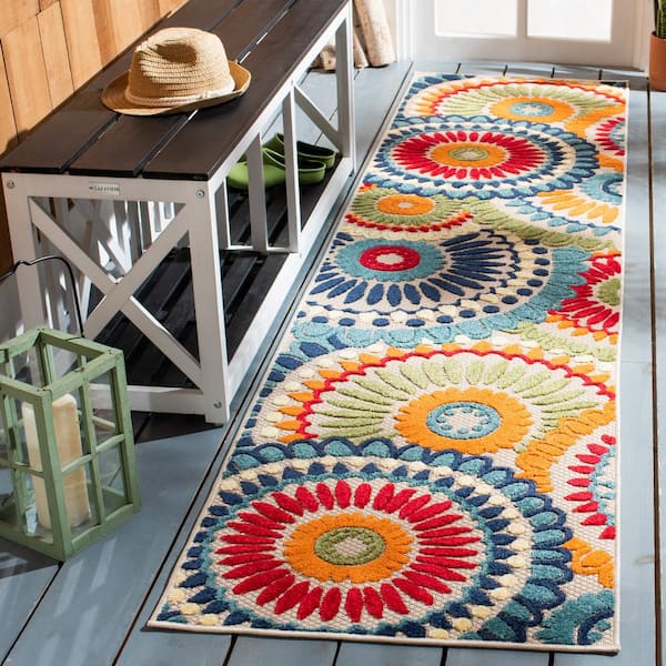 Cabana Blue/Ivory Door Mat 2 ft. x 5 ft. Medallion Floral Indoor/Outdoor Runner Rug