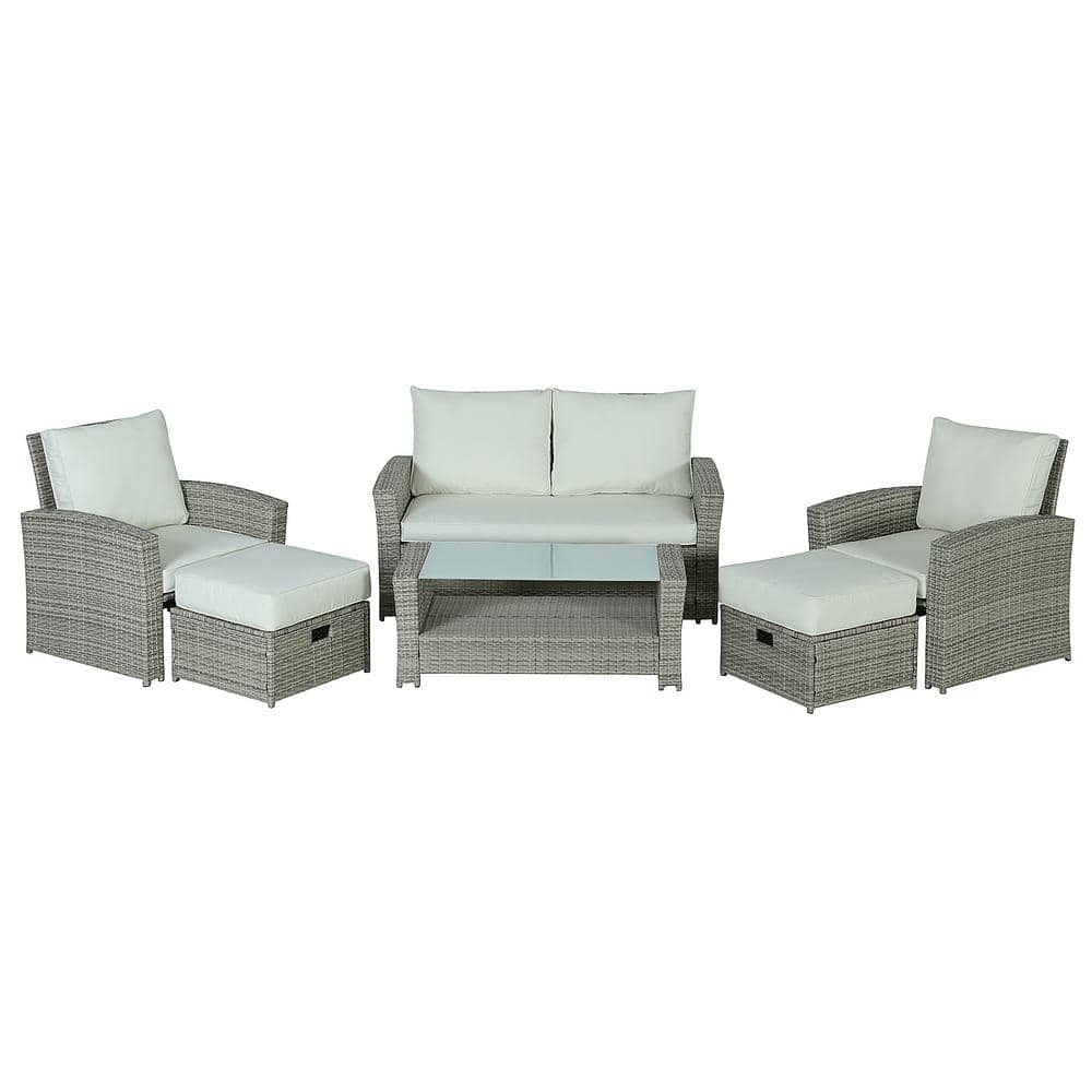Gray 6-Piece Patio Rattan Outdoor Sofa With Coffee Table, Ottoman and White