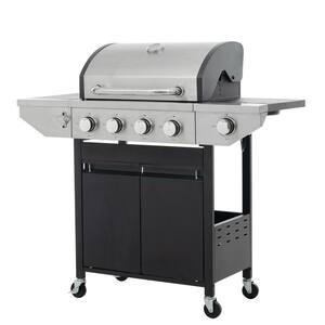 4 Burner Portable Propane Grill Steel Gas Grill in Black with Side Burner and Thermometer for Outdoor BBQ, Camping