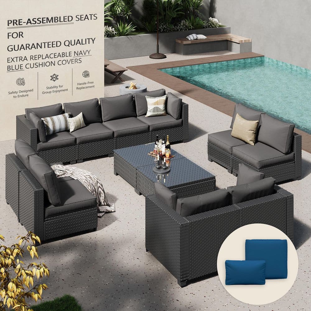12-Piece Black Wicker Outdoor Patio Conversation Sectional Seating Set with Coffee Tables and Dark Gray Cushions
