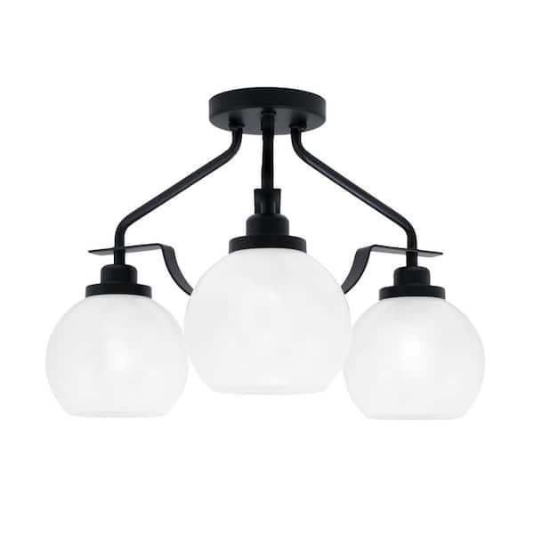 Unbranded Zara 16.75 in. 3-Light Matte Black Semi-Flush with 5.75 in. White Marble Glass Shades No Bulbs Included