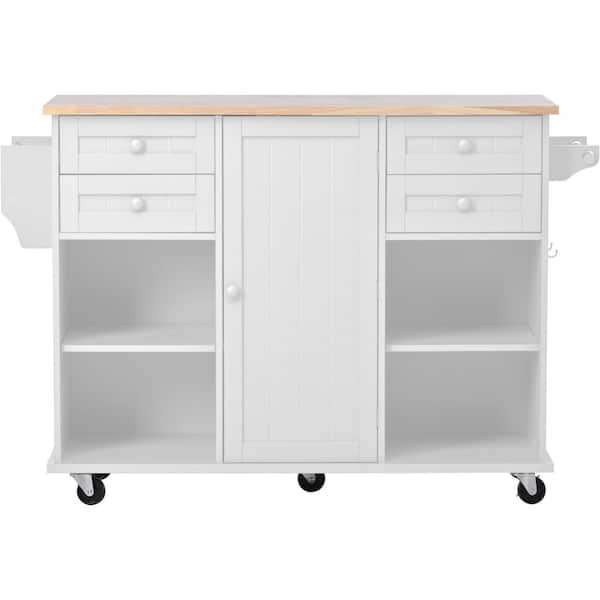 Unbranded White Kitchen Island on 5-Wheels with Spice Rack Towel Rack and Drawer Rubber Wood Desktop