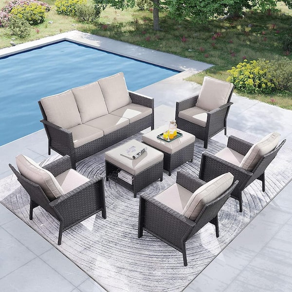 Nestfair Luken 7-Piece Wicker Patio Conversation Set with White Cushions