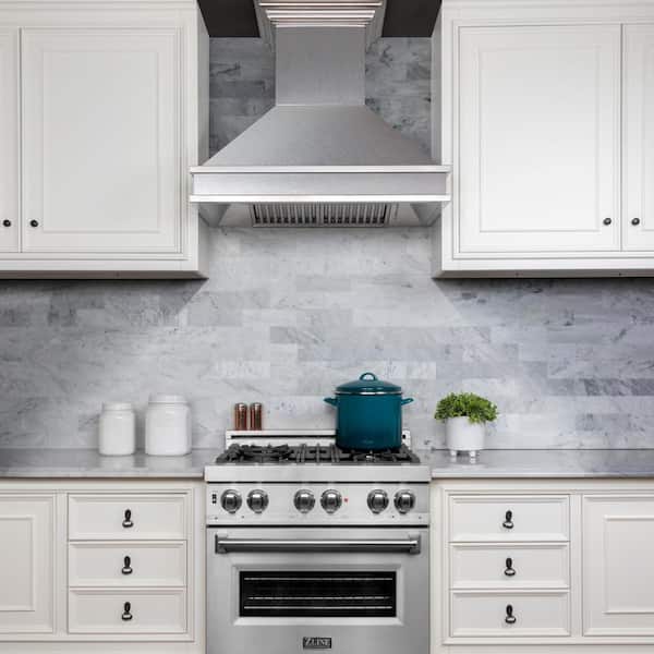 36 in. Designer Series Ducted Wall Mount Range Hood in Satin Stainless Steel