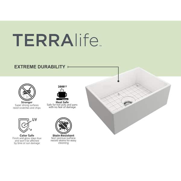 TerraLife Catalina 27 in. Farmhouse Apron Front White Fireclay