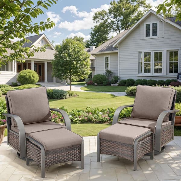 Carlos 4-Person All-Weather Brown Wicker Outdoor Glider with Ottomans and Gray Cushions