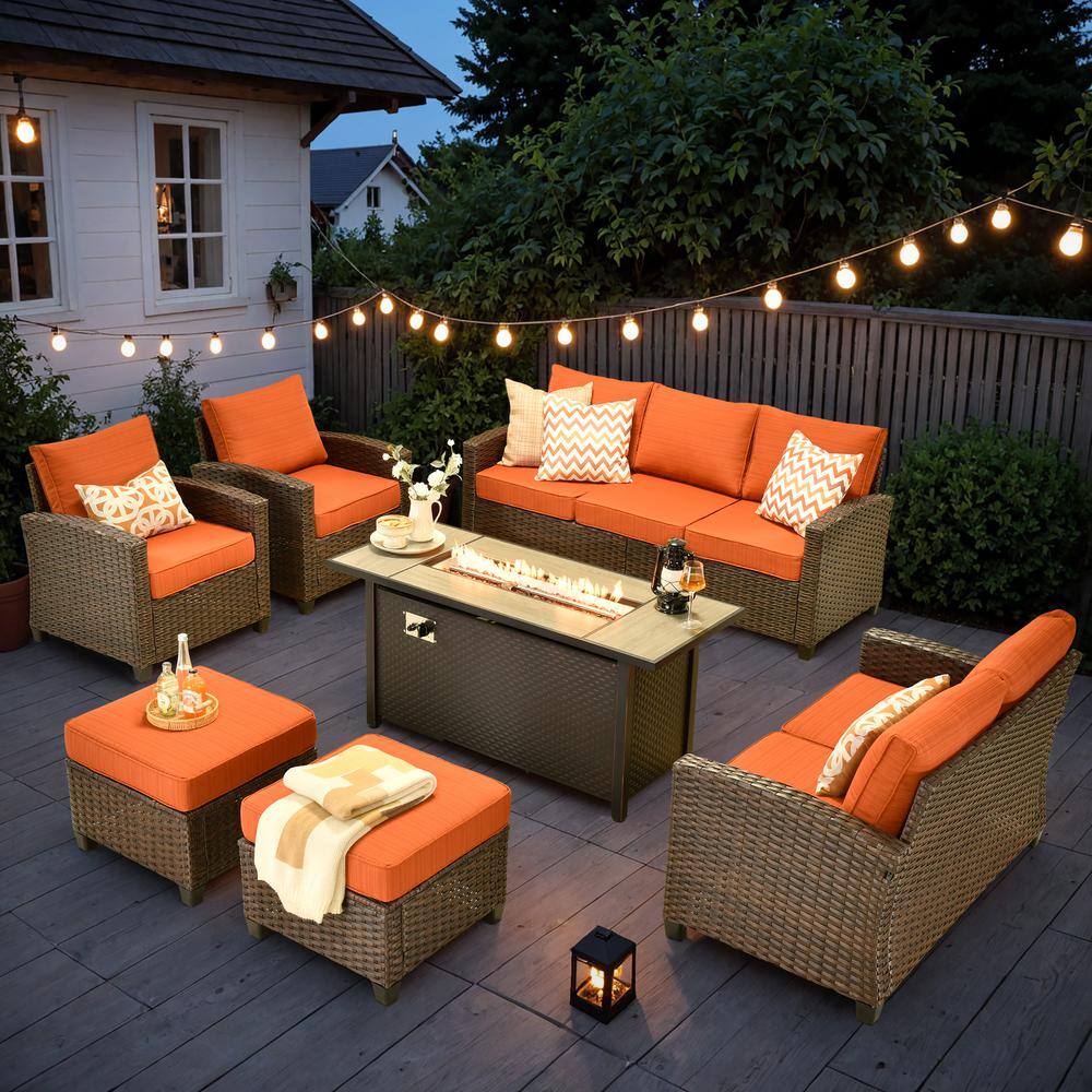 Solidago Brown 7-Piece Wicker Patio Rectangular Fire Pit Set with Orange Red Cushions price history on PriceWatchPro