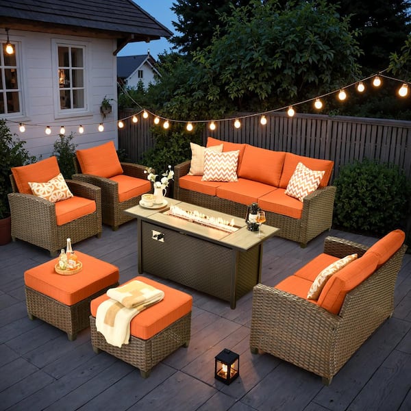 XIZZI Solidago Brown 7-Piece Wicker Patio Rectangular Fire Pit Set with Orange Red Cushions