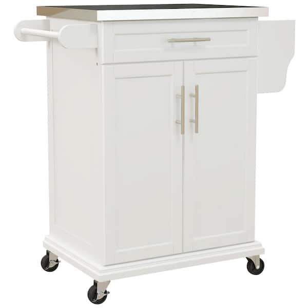 HOMCOM Cream White Metal Top 18 in. Kitchen Island with Drawer, Cabinets, Wheels and Towel Rack